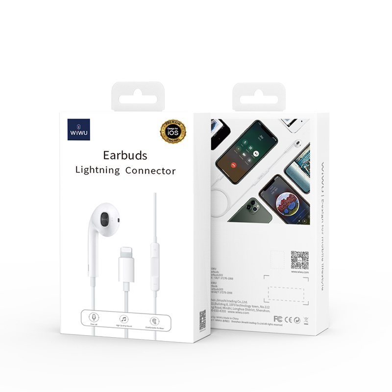 WiWU EB303 Wired Earphone Plug And Play Lightning Earphone Earbuds with Built in Microphone Ergonomic Design Earbuds