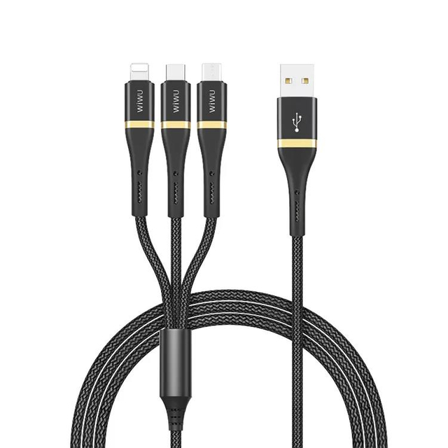 WiWU ED 104 Black Nylon Braided Fast Charge USB C Light-ning 3 In 1 Mobile Phone Charging Cable