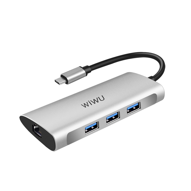 WiWU Alpha 631STR Multi-function USB C Hub Adapter To USB 3.0 Ethernet SD/TF Card Reader Dongle Station for Macbook