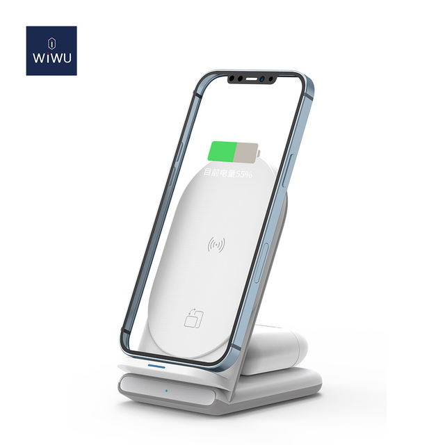 WiWU Power Air 2 in 1 Desktop Wireless Charger Mobile Phone Stand for Phone Earbuds 18w Fast Charge Phone Holder Adapter