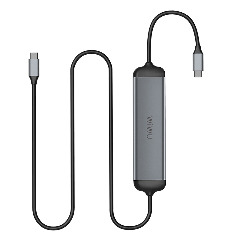 WiWU Alpha 521 Gray Aluminum Alloy Charging Data Transfer 5 In 1 Type C Hub With 1.6m Cable